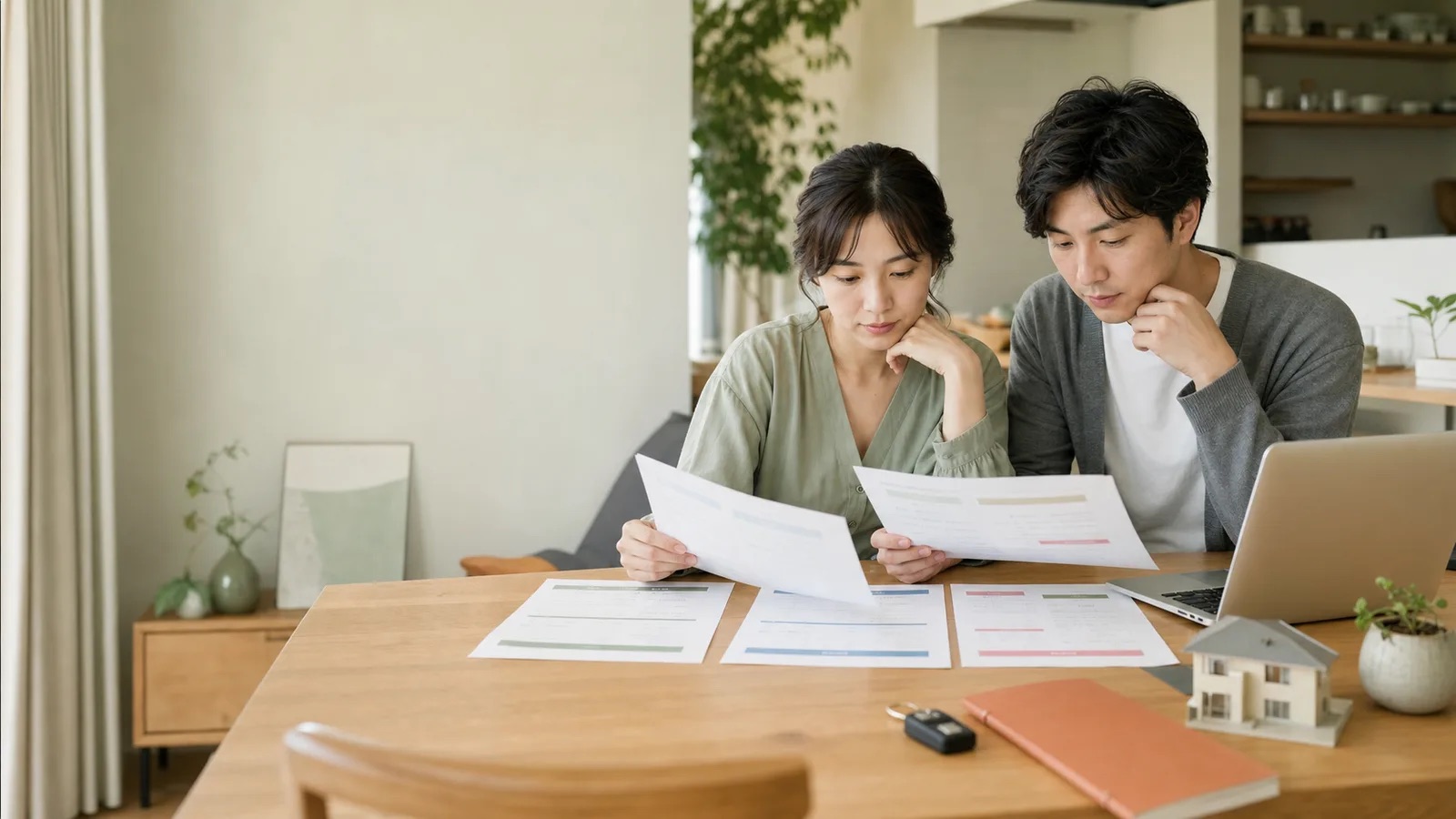 夫婦が申込前に相談サービスの資料を比較しているイメージ